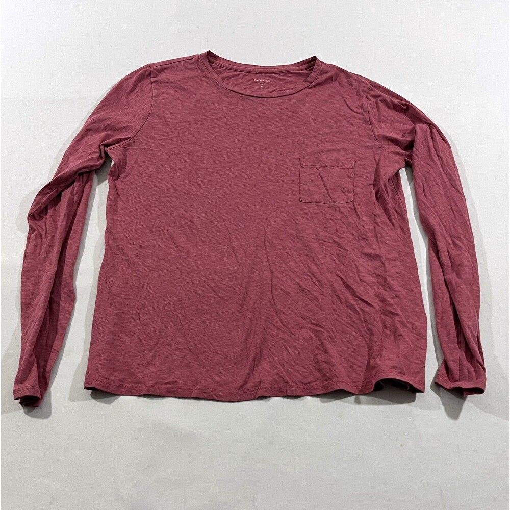 Garnet Hill Top Pink Soft Organic Cotton Blend Long Sleeve Pocket Crew Tee Sz M